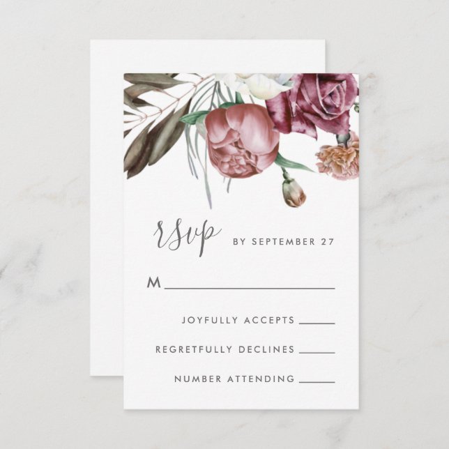 Neutral Boho Floral Modern Script Wedding RSVP Card (Front/Back)
