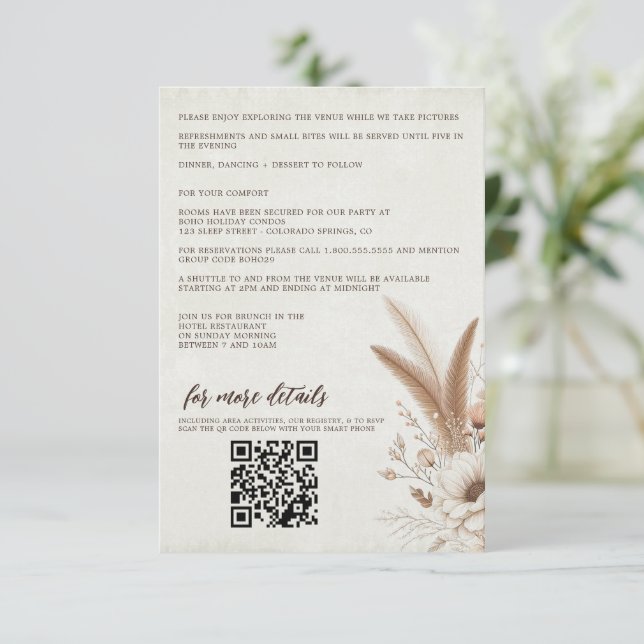 Neutral Boho Floral with QR Code & Details Wedding Enclosure Card (Standing Front)