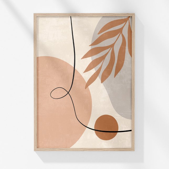 Neutral Boho Line Art Botanical Abstract Wall Art  (Boho Muted Neutral Abstract Botanical Wall Art in a wooden frame on a sunny white wall.)