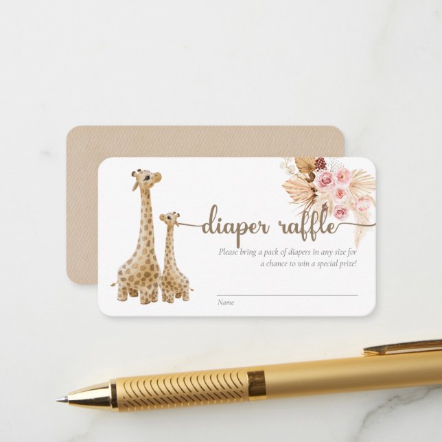 Neutral Boho Pampas Grass Giraffe Diaper Raffle Enclosure Card (Front/Back In Situ)