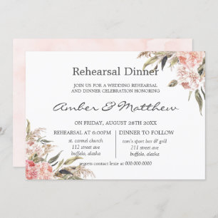 Neutral Boho Pink Peony Pampas Rehearsal Dinner Invitation