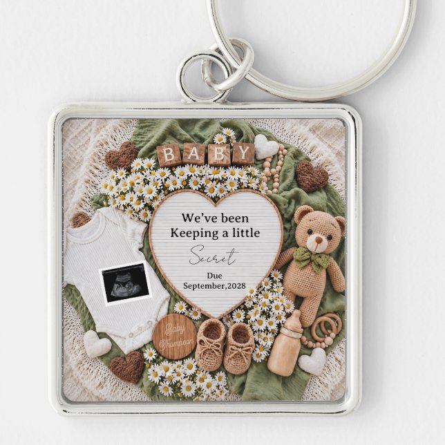 Neutral boho teddy bear pregnancy announcement keychain (Front)