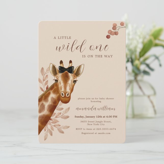Neutral Boho Wilderness Safari Giraffe Baby Shower Invitation (Standing Front)