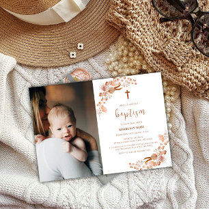 Neutral Boho Wildflower Photo Cross Baptism Invitation