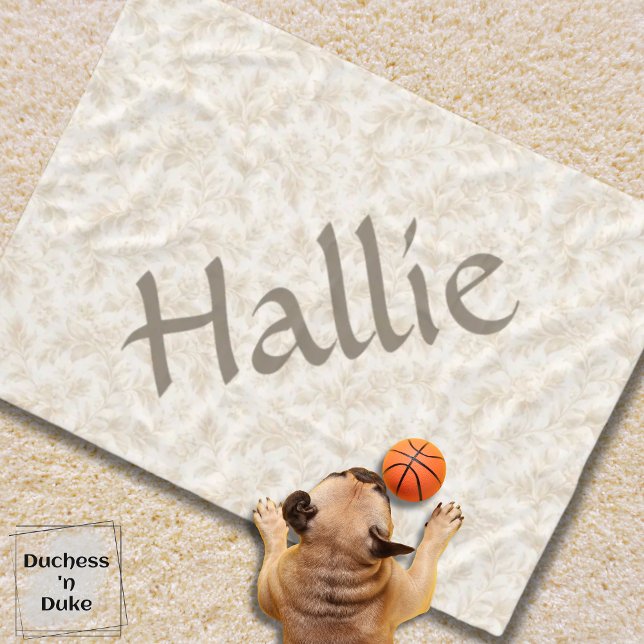 Neutral Botanical Flower Print Design Pet Fleece Blanket (dog blanket with ivory botanical design on carpet and small dog playing with toy basketball)