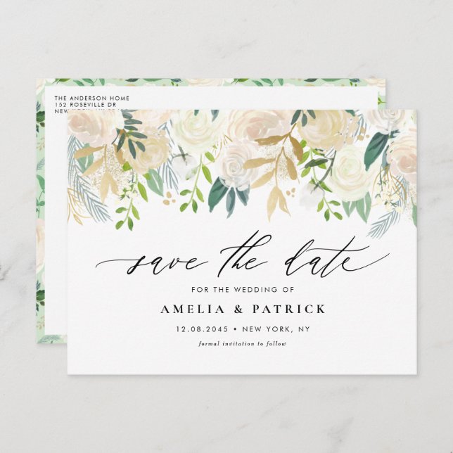 Neutral Botanical Garland QR Code Save the Date Announcement Postcard (Front/Back)