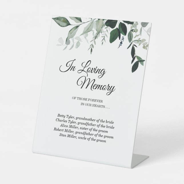 Neutral Botanical Wedding In Loving Memory Pedestal Sign (Front)