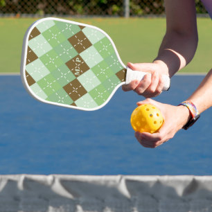 Neutral Brown and Green Arygle with White Stitchin Pickleball Paddle