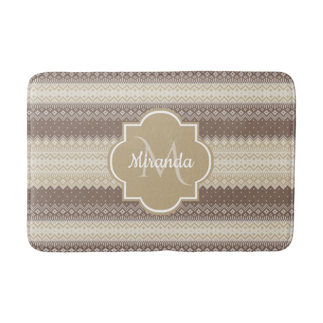 Neutral Brown and Tan Knit Pattern With Name Bath Mat (Front)