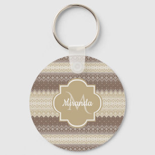 Neutral Brown and Tan Knit Pattern With Name Keychain