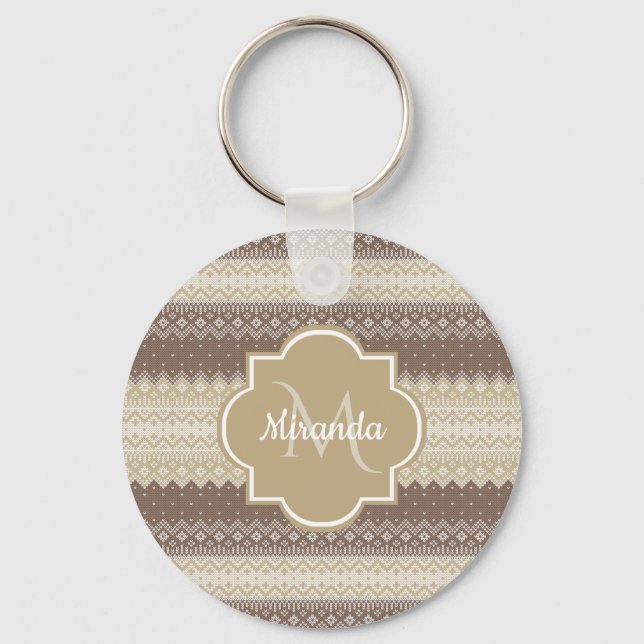 Neutral Brown and Tan Knit Pattern With Name Keychain (Front)