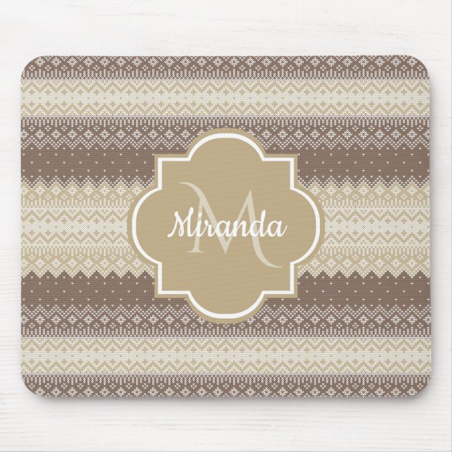 Neutral Brown and Tan Knit Pattern With Name Mouse Pad (Front)