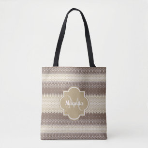 Neutral Brown and Tan Knit Pattern With Name Tote Bag