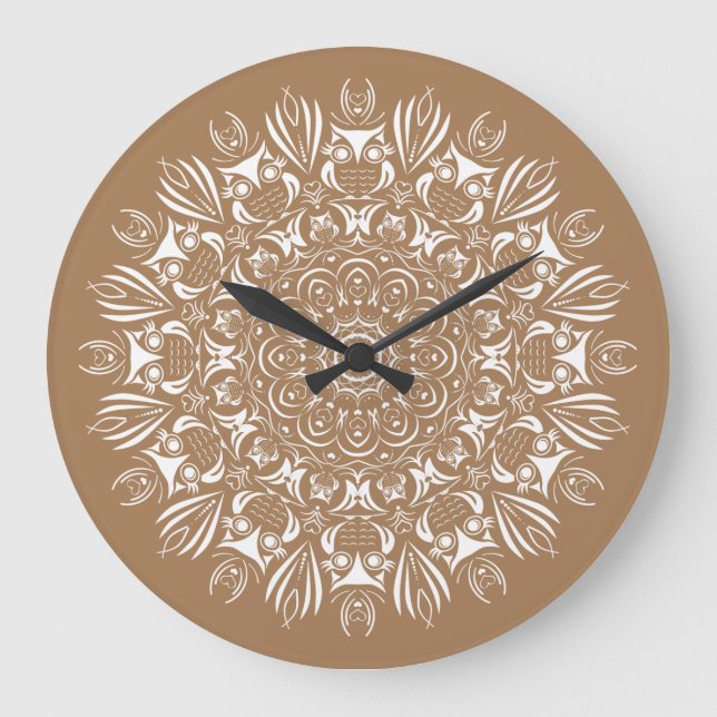 Neutral brown and white owl mandala large clock (Front)