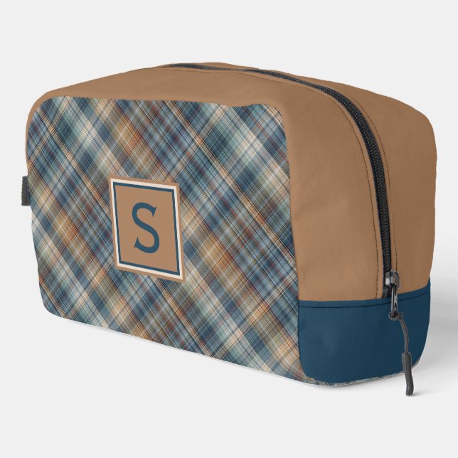 Neutral Brown Beige Teal Blue Plaid Tartan Pattern Dopp Kit (Right Corner)