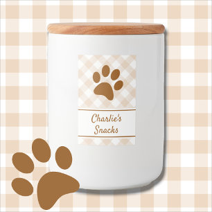 Neutral Brown Beige White Gingham Pattern Paw Name Food Label