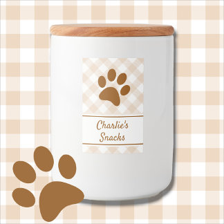 Neutral Brown Beige White Gingham Pattern Paw Name Food Label