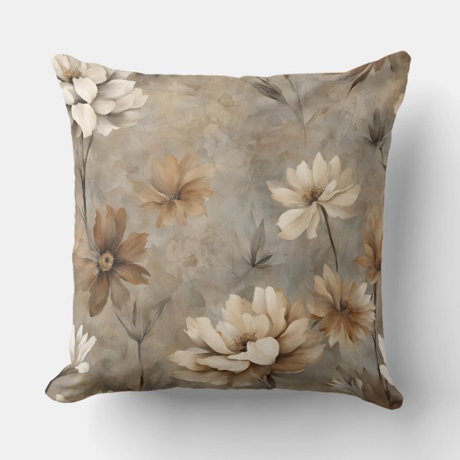 Neutral Brown Grey Beige Earthy Floral Throw Pillow (Front)