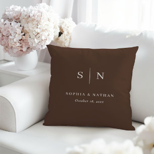 Neutral Brown Minimal and Chic Wedding Monogram Throw Pillow