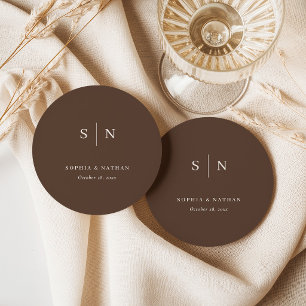 Neutral Brown Minimal and Chic   Wedding Round Paper Coaster