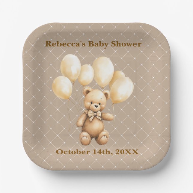 Neutral Brown Teddy Bear Baby Shower Paper Plate (Front)