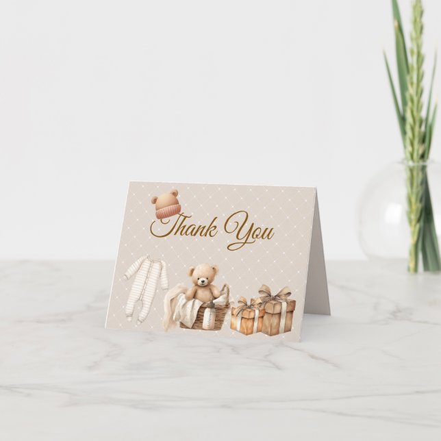 Neutral Brown Teddy Bear Baby Shower Thank You Note Card (Front)