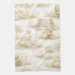 Neutral Bunny Bear Picnic Floral Garden (2) Kitchen Towel