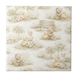 Neutral Bunny Bear Picnic Floral Garden (2) Tile
