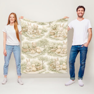 Neutral Bunny Bear Picnic Floral Garden (3) Fleece Blanket