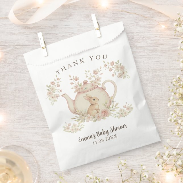 Neutral Bunny & Floral Teapot Baby Shower  Favour Bag (Clipped)