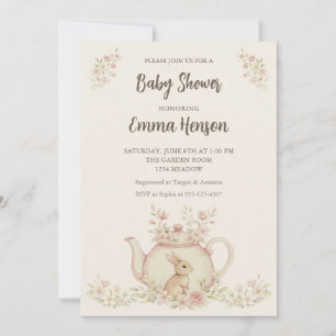 Neutral Bunny & Floral Teapot Baby Shower  Invitation