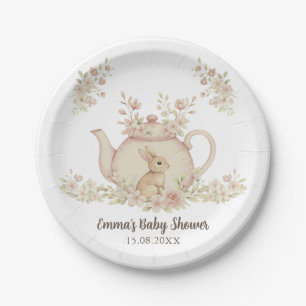 Neutral Bunny & Floral Teapot Baby Shower Paper Plate