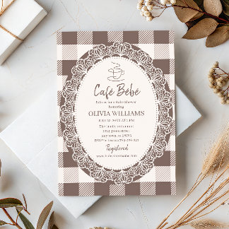 Neutral Cafe Bebe Buffalo Check Baby Shower Brunch Invitation