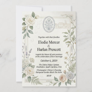 Neutral Camellias, Roses, Hydrangeas, Lavender, Fe Invitation