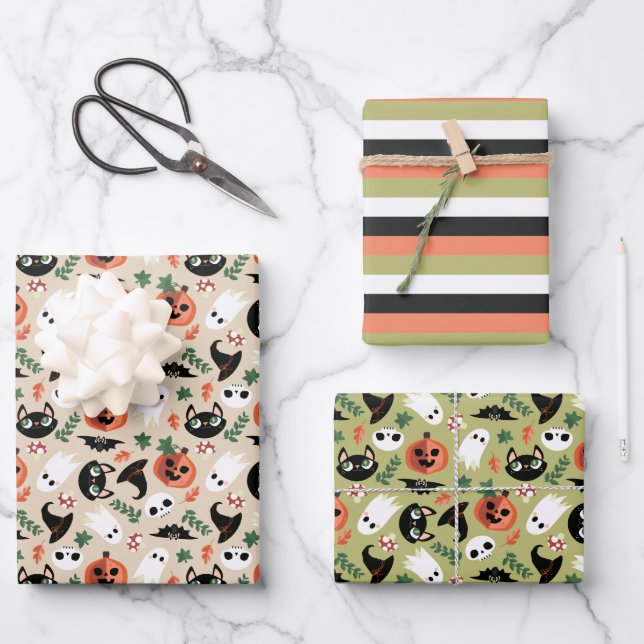 Neutral Cats & Pumpkins Mixed Halloween Patterns Wrapping Paper Sheet (Front)