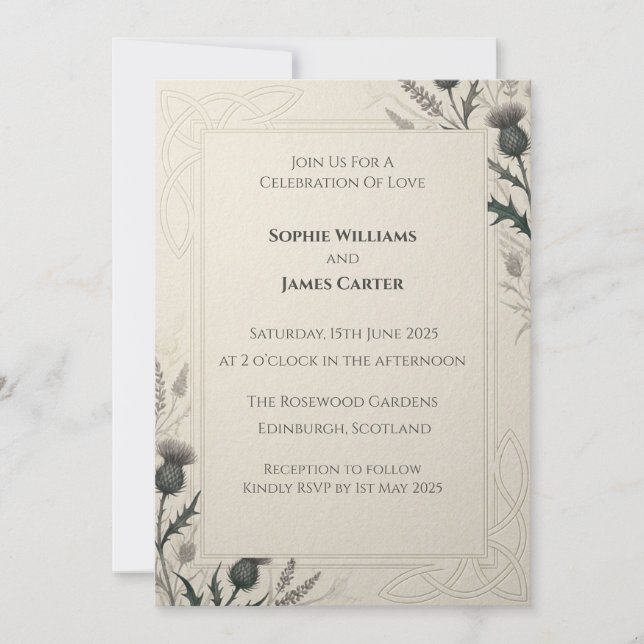 Neutral Celtic Thistle Wedding Invitation (Front)