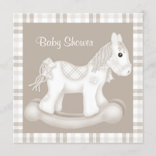 NEUTRAL CHECK ROCKING HORSE BABY SHOWER INVITATION