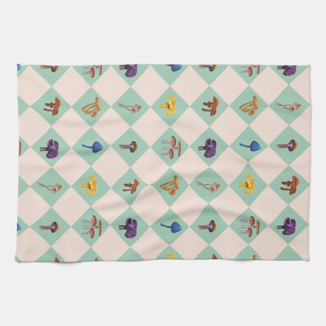 Neutral checks with assorted fungi kitchen towel (Horizontal)