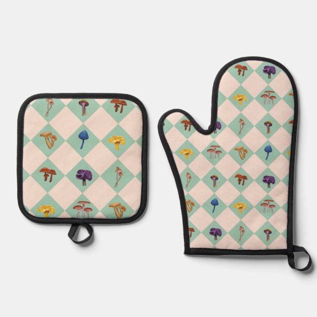Neutral checks with assorted fungi oven mitt & pot holder set (Front)