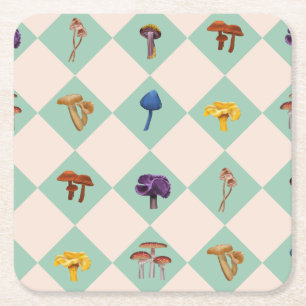 Neutral checks with assorted fungi square paper coaster