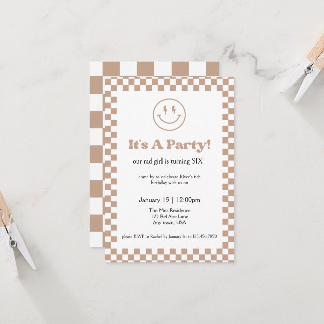 Neutral Chequered Rad Kid Invitation (Front/Back In Situ)