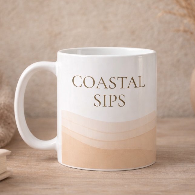 Neutral Coastal Sips Classic Mug, 11 oz Coffee Mug (White and taupe coastal coffee accent with clean serif quote detail)