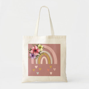 Neutral Colour Boho Rainbow with Flowers Tote Bag