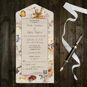 Neutral Colour Wildflowers on Beige with QR Code  All In One Invitation