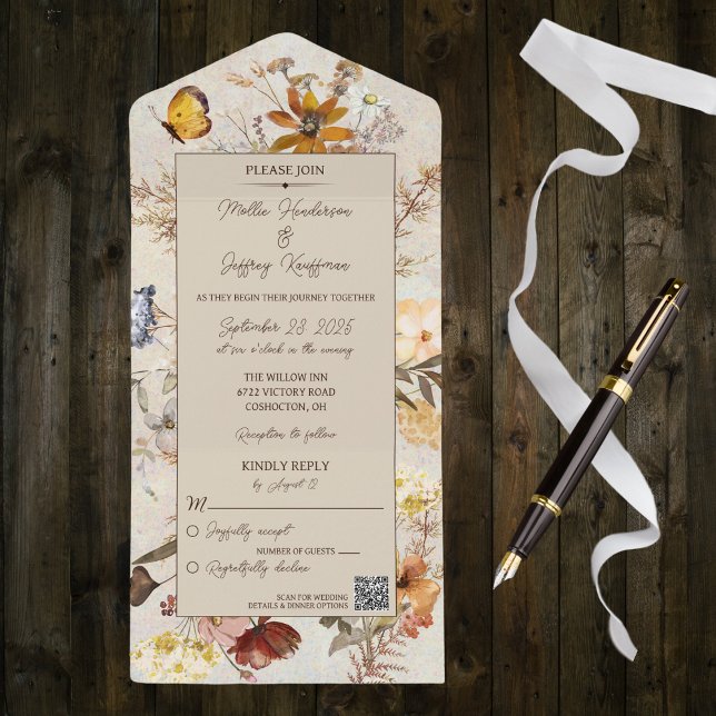 Neutral Colour Wildflowers on Beige with QR Code  All In One Invitation (Creator Uploaded)