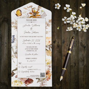 Neutral Colour Wildflowers on White with QR Code  All In One Invitation