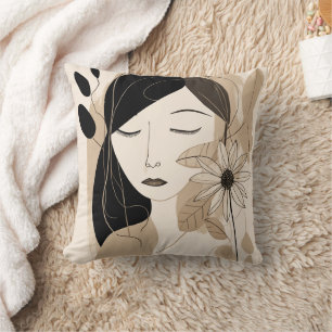 Neutral Colour Woman with Flower Boho Throw Pillow
