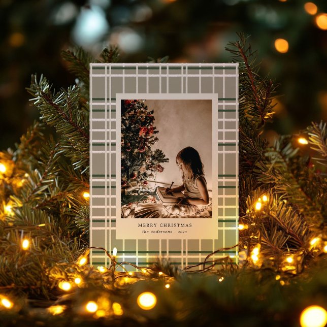 Neutral Colours Plaid Minimalist Photo Holiday Car Card (Creator Uploaded)