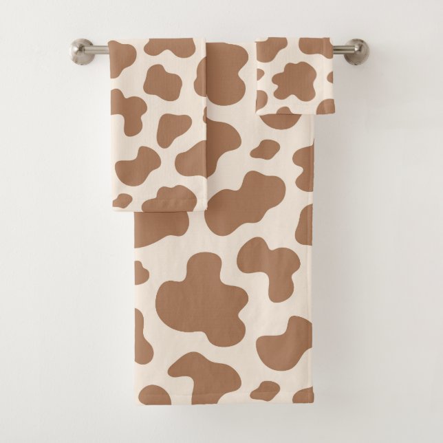 Neutral Cow Print Western Cowboy Beige Brown Bath Towel Set (Insitu)