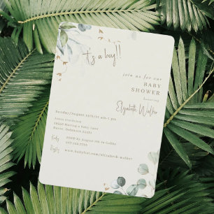 Neutral Cream & Greenery  It's a Boy Baby Shower  Invitation